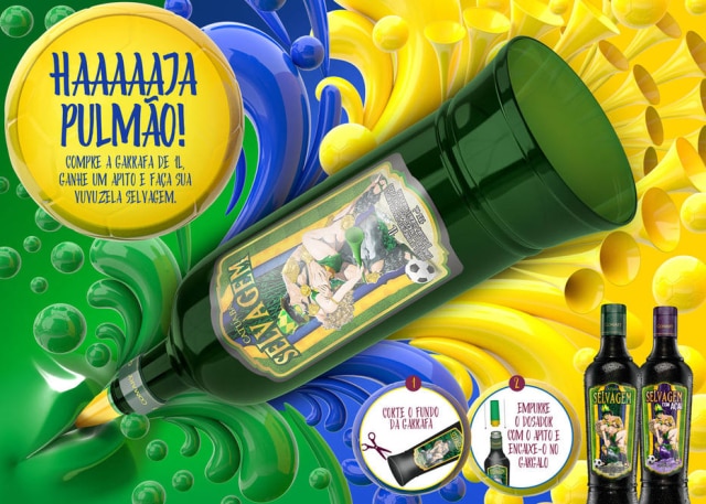 Catuaba Selvagem/Divulgação A Catuaba Selvagem anunciou versão especial para a Copa do Mundo em que a garrafa se torna uma vuvuzela