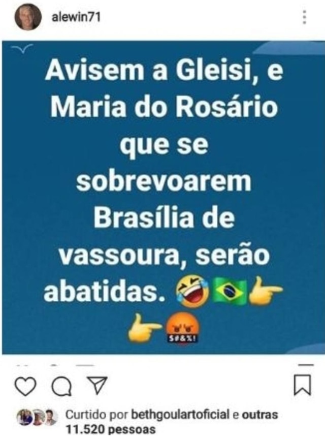 Instagram/@alewin71 Publicação do empresário Alexandre Correa, marido de Ana Hickmann, durante a posse de Jair Bolsonaro. Post foi apagado após polêmica.