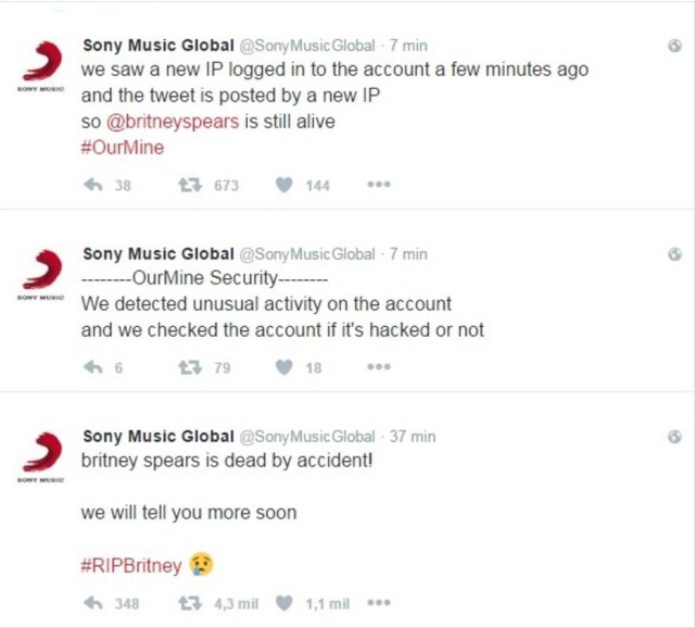 Reprodução/Twitter Sony Music posta no Twitter que Britney Spears morreu - mas era um hacker.
