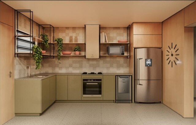 Cristina Barbara Arquitetura No projeto, os armários seguem um tom verde-menta, que conversa com a paleta de cores dos outros acabamentos.