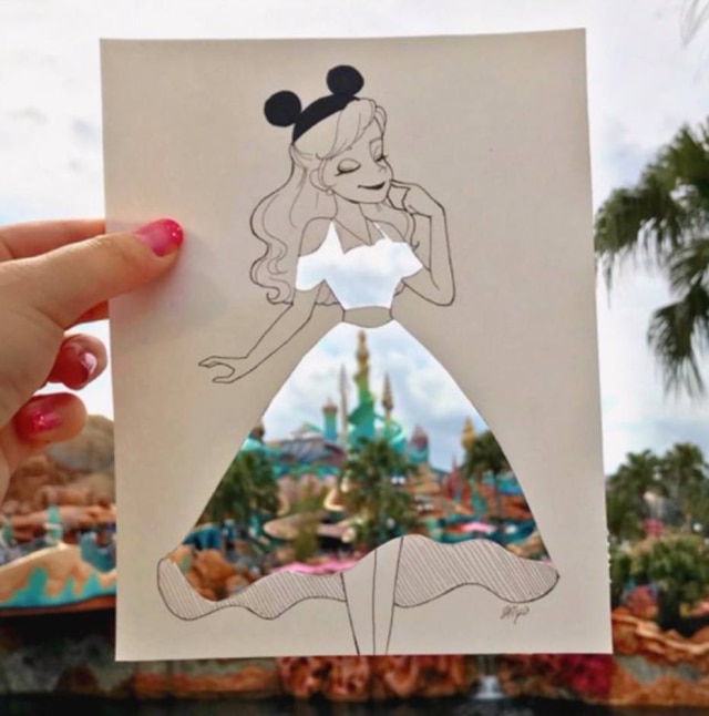 Twitter/@Hiyo_ihanatD Uma desenhista japonesa fez sucesso no Twitter ao criar montagens com de vestidos com estampas de paisagens urbanas