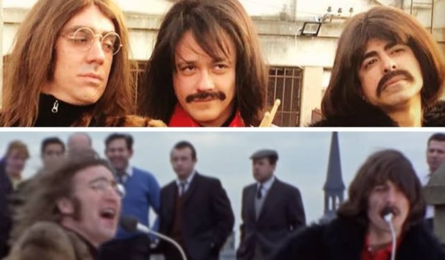 Instagram / @dantonmello | YouTube / @The Beatles Marcelo Adnet, Danton Mello e Marcius Melhem, do 'Tá no Ar' acima; John Lennon e George Harrison, dos Beatles, abaixo.