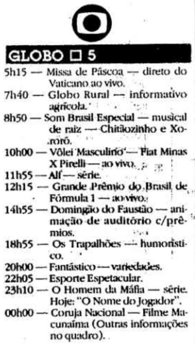 Acervo / Estadão Programação da Globo em 26 de março de 1989, dia de estreia do 'Domingão do Faustão'.
