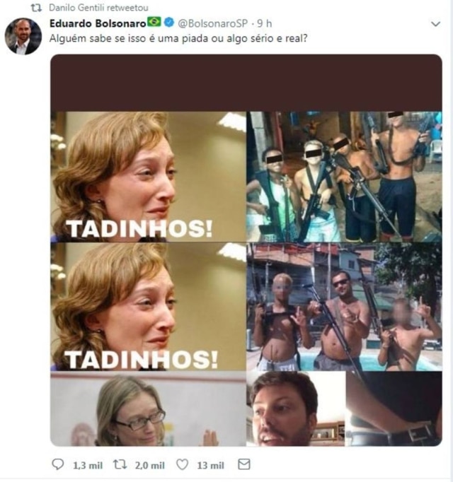 Tweet do deputado federal Eduardo Bolsonaro sobre a decisÃ£o da JustiÃ§a que penalizou o humorista Danilo Gentili.