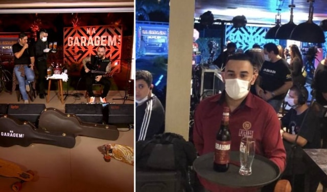YouTube / @Jorge & Mateus Oficial | Instagram / @caseratto_ Garçom serve Jorge e Mateus durante live e, ao lado, aparece em foto nos bastidores da transmissão ao vivo.