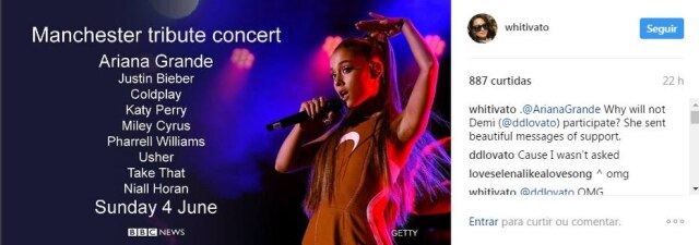 Instagram.com/whitivato Fã questionou por que a cantora não estava no line up do show.