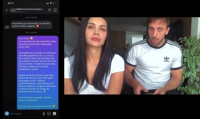YouTube / @Léo Lins Trecho do vídeo de Léo Lins com print de resposta ofensiva enviada por ele no Instagram.