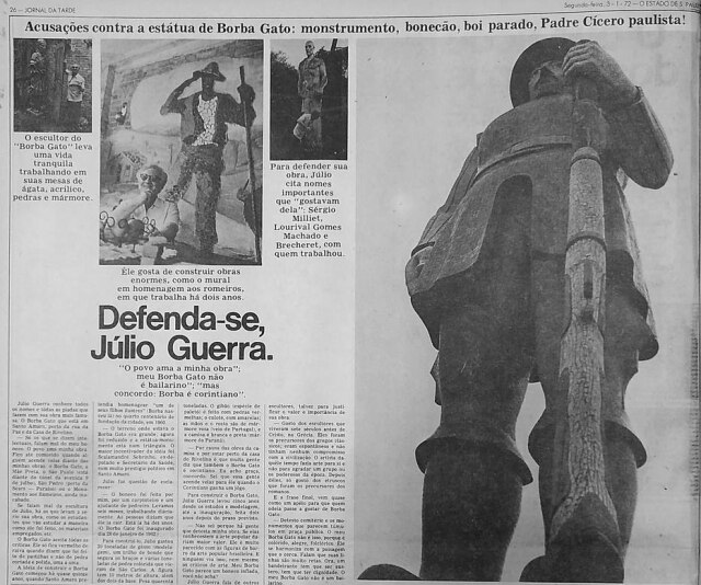 Acervo Estadão Reportagem do Jornal da Tarde de 1972 sobre a estátua de Borba Gato e seu autor Júlio Guerra.