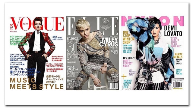 Reprodução Garotas da capa: Florence Welsh na Vogue Japão, Miley Cyrus na Elle e Demi Lovato na Nylon