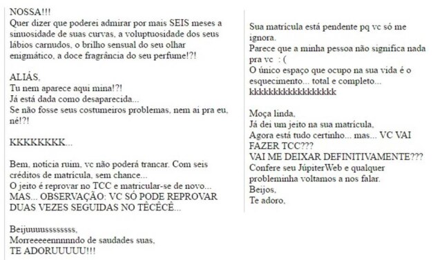 Imagem cedida pela aluna Alguns dos e-mails que o funcionário enviou para a ex-aluna.