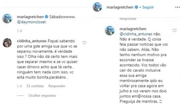 Instagram/@mariagretchen A cantora Gretchen responde a uma seguidora sobre fim do casamento.