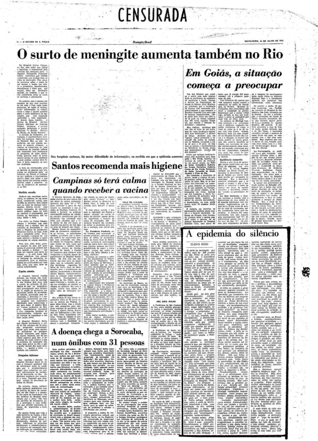 Acervo Estadão Página de 26/7/1974 com texto de Clóvis Rossi censurado pela ditadura militar.