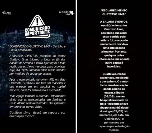 Instagram / @gusttavolima / @andressasuita Comunicados feitos pelo escritório de Gusttavo Lima.