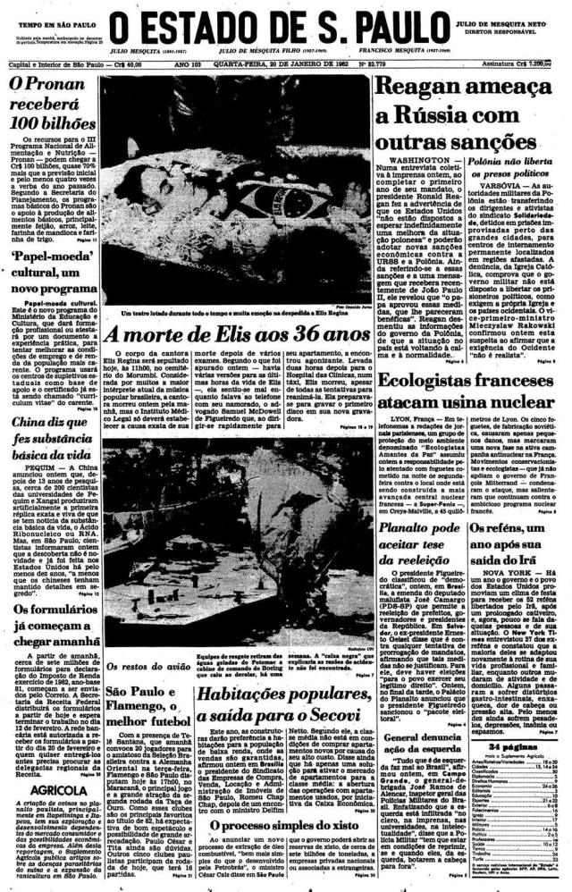 Notícia da morte de Elis Regina na capa do Estadão de 20/1/1982.