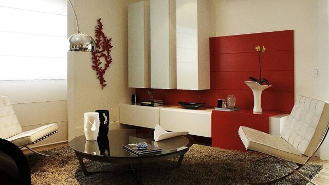 divulgação Fundo vermelho realça estante em projeto de Joia Bergamo