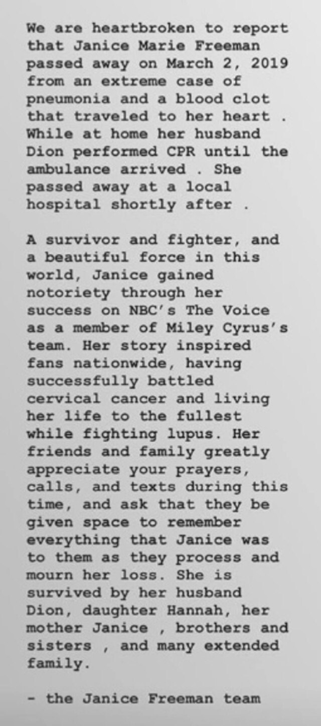 Instagram / @janicefreeman Comunicado sobre a morte de Janice Freeman publicado neste domingo, 3.