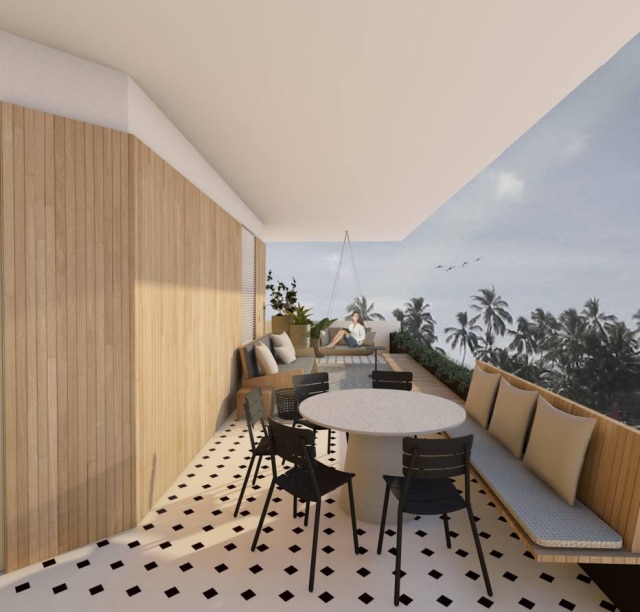 Studio AG A área de estar com terraço que atravessa quase toda a extensão do terraço