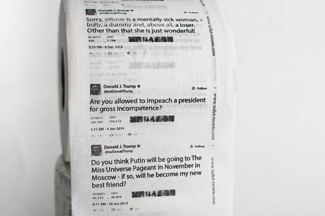 Divulgação do Produto / Toilet Tweets Papel higiênico contendo tuítes de Donald Trump é sucesso de venda no Amazon.