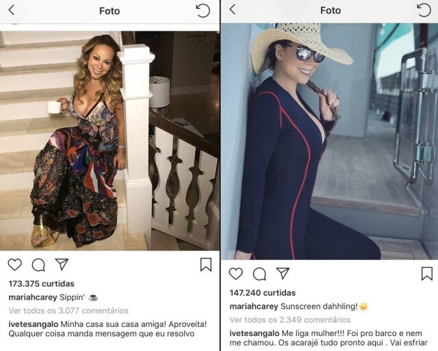 Instagram / @mariahcarey Comentários de Ivete Sangalo nas publicações da cantora Mariah Carey.