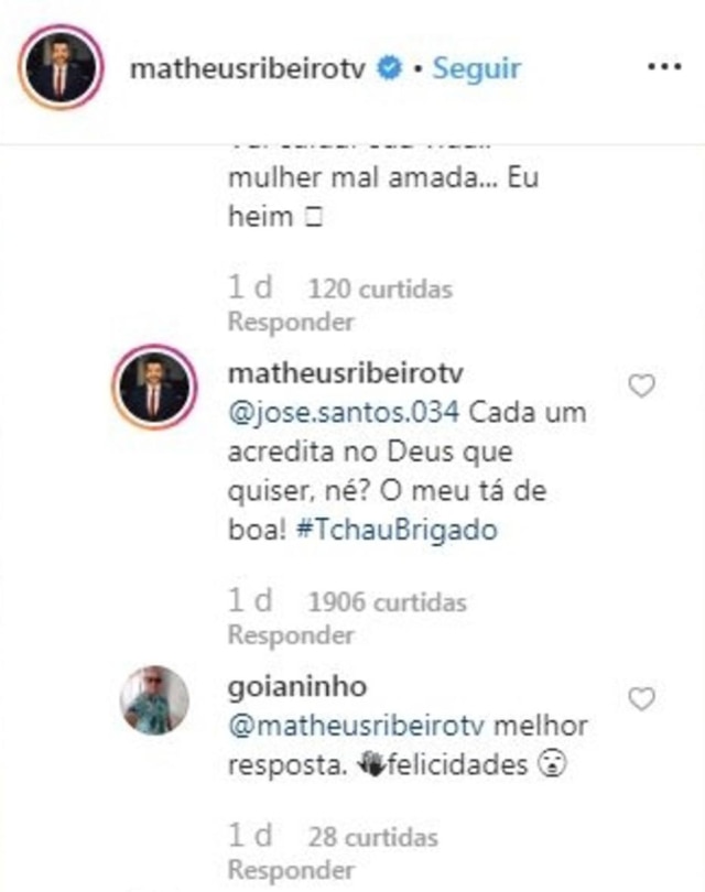 Instagram/@matheusribeirotv Resposta do jornalista Matheus Ribeiro a um internauta no perfil oficial no Instagram.
