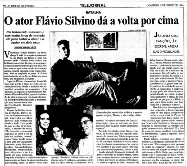 Acervo / Estadão Reportagem sobre a 'volta por cima' de Flávio Silvino publicada em 3 de julho de 1994