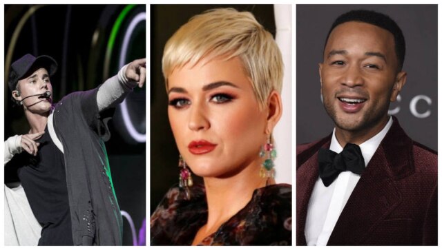 Chad Batka/The New York Times/Mario Anzuoni/Reuters/Jordan Strauss/Invision/AP Os cantores Justin Bieber, Katy Perry e John Legend em projeto natalino na Amazon Music