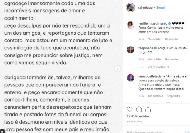 Instagram/@cahmiguel Homenagem que Camilla Miguel fez ao irmão no Instagram. Ele, que era ator e participou da novela 'Chiquititas', foi assassinado com os pais em junho de 2019.