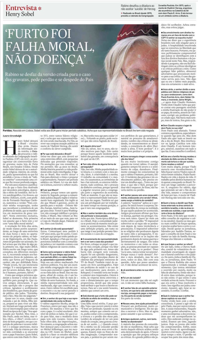 Acervo/Estadão Entrevista exclusiva de Henry Sobel no Estadão de 8/8/2013. Clique aqui para ler.