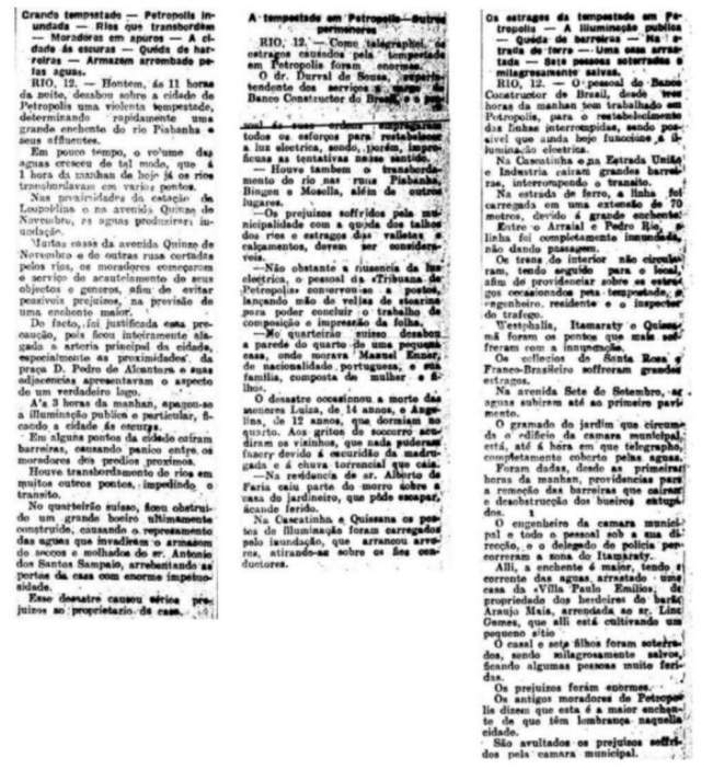 Notícia sobre os danos da chuva em Petrópolis na Estadão de 13/1/1909