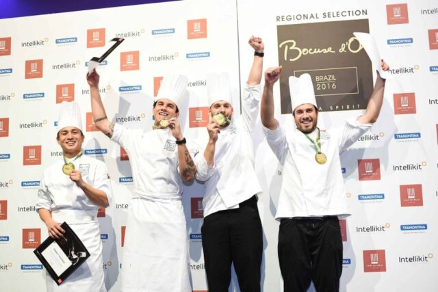 Ari Kaye|Divulgação Danilo Takigawa, Marcelo Milani, Luiz Filipe Souza e Ricardo Dornelles, finalistas do Bocuse D'Or