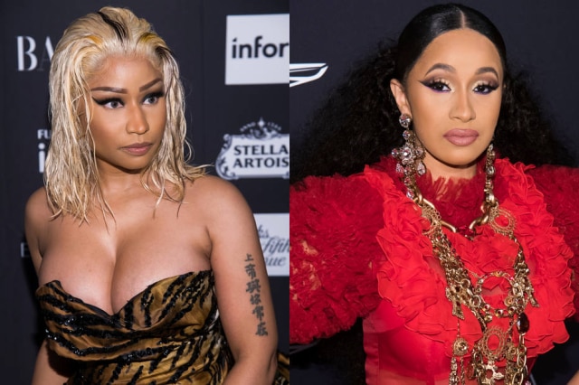 Charles Sykes/Invision/AP Nicki Minaj e Cardi B brigaram em festa da Harpeer'z Bazaar durante a Semana de Moda de Nova York.