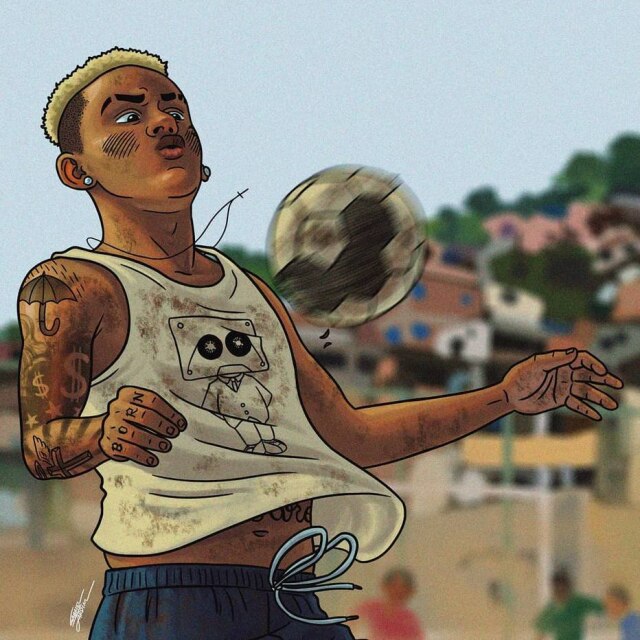 Instagram / @ogabrieljardim MC Cascão domina a bola no peito com a camiseta do álbum 'Para que já mordeu um cachorro por comida, até que eu cheguei longe', do rapper Emicida. Num story do Instagram, Gabriel escreve sobre a imagem: 'Toca pro pai!'.