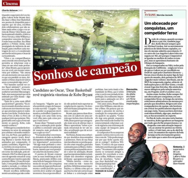 Acervo Estadão Página sobre o filme 'Dear Basketball', sobre a trajetória de Kobe Bryant