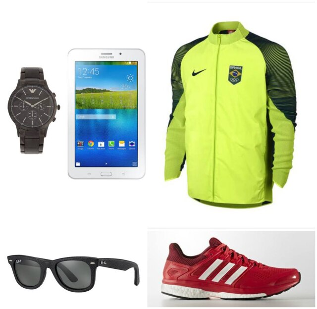 Divulgação Relógio, Empório Armani, R$3.375,00. Tablet Galaxy Tab E, Samsung, R$711,55. Jaqueta Oficial Delegação Brasileira, Nike, R$999,00. Tênis Supernova Glide 8, Adidas, R$699,99. Óculos de Couro, Ray Ban, R$870,00.