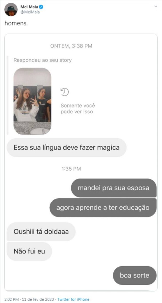 Twitter/@MelMaia Mensagens que Mel Maia trocou com o homem que a enviou comentário de assédio.