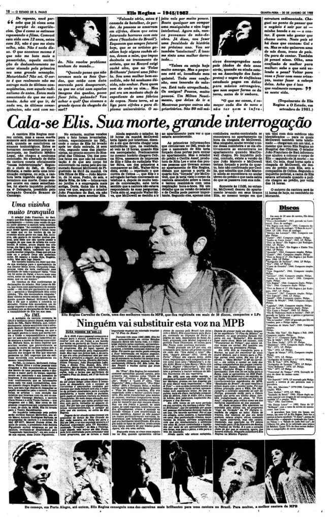 Notícia da morte de Elis Regina no Estadão de 20/1/1982