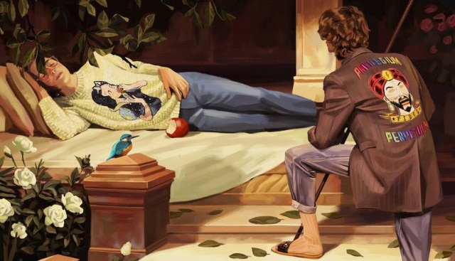 Ignasi Monreal/ Divulgação/ Gucci Versão de Branca de Neve da Gucci usa suéter, e o seu príncipe meias com chinelo