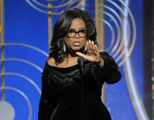 Paul Drinkwater/NBC/AP Oprah Winfrey na cerimônia do Globo de Ouro, na Califórnia, em janeiro de 2018.