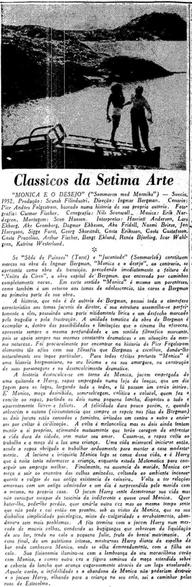 Acervo Estadão Texto de 23/2/1958 sobre o filme 'Monica e o Desejo'