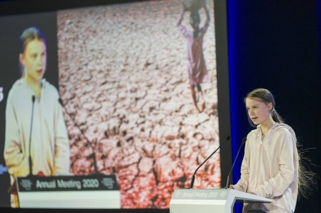 Alessandro Della Valle / EFE / EPA A ativista Greta Thunberg durante discurso em Davos, Suíça