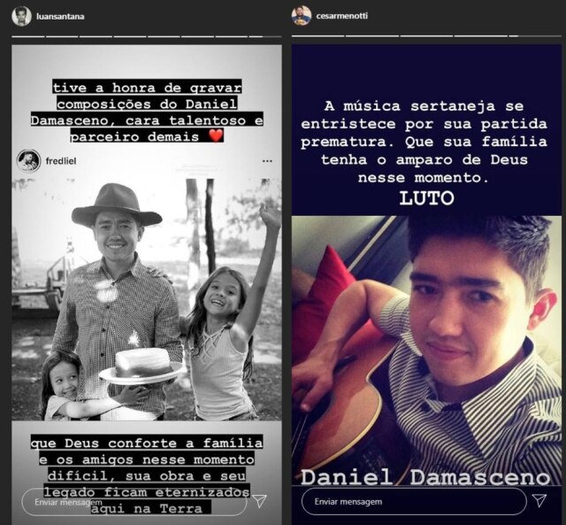 Instagram / @luansantana / @cesarmenotti Stories de Luan Santana e César Menotti em homenagem a Daniel Damasceno no Instagram