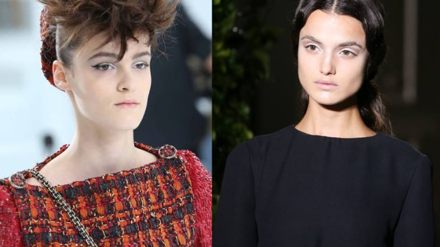 Divulgação A maquiagem da Chanel (esquerda) é puro havymetal. Já para a maison Valentino, Pat McGrath uniu sombra branca e sobrancelhas marcadas