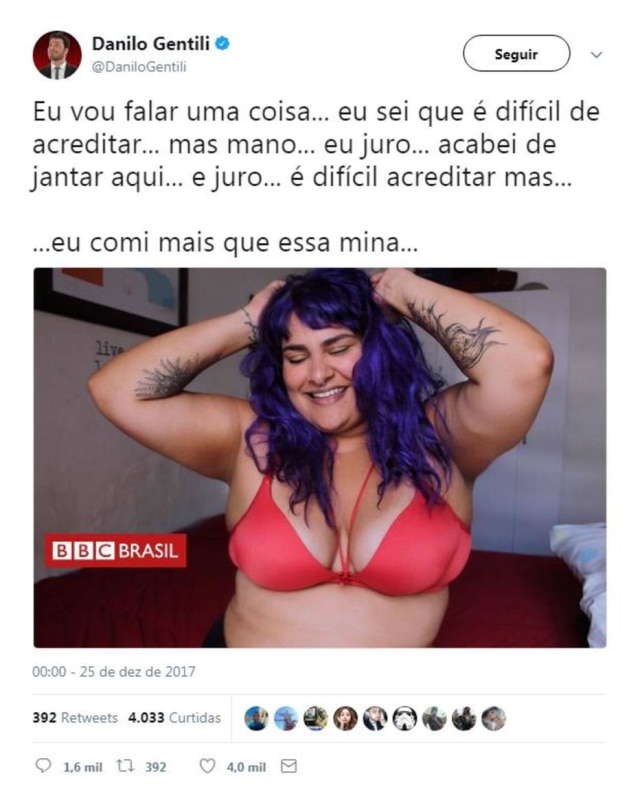 Twitter/ Danilo Gentili Danilo Gentili usou a imagem de Alexandra Gurgel para ilustrar seu tuíte