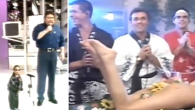 Reprodução de 'Domingão do Faustão' / Globo Fausto Silva ao lado de Latininho e cena do 'sushi erótico' exibida no 'Domingão do Faustão'