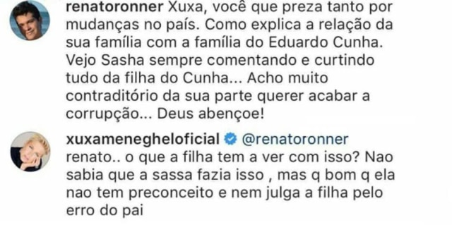 Print do Instagram.com/xuxamenegheloficial/ Xuxa respondeu comentário de internauta que julgava amizade de Sasha e Barbara Cunha.