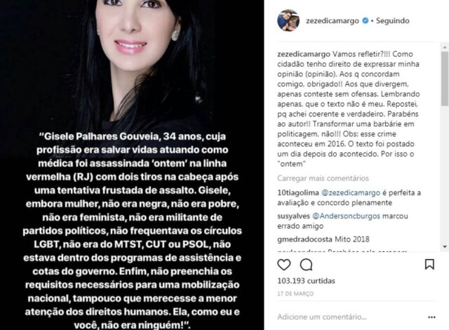 Instagram/@zezedicamargo Publicação que Zezé di Camargo fez logo após a morte de Marielle Franco.