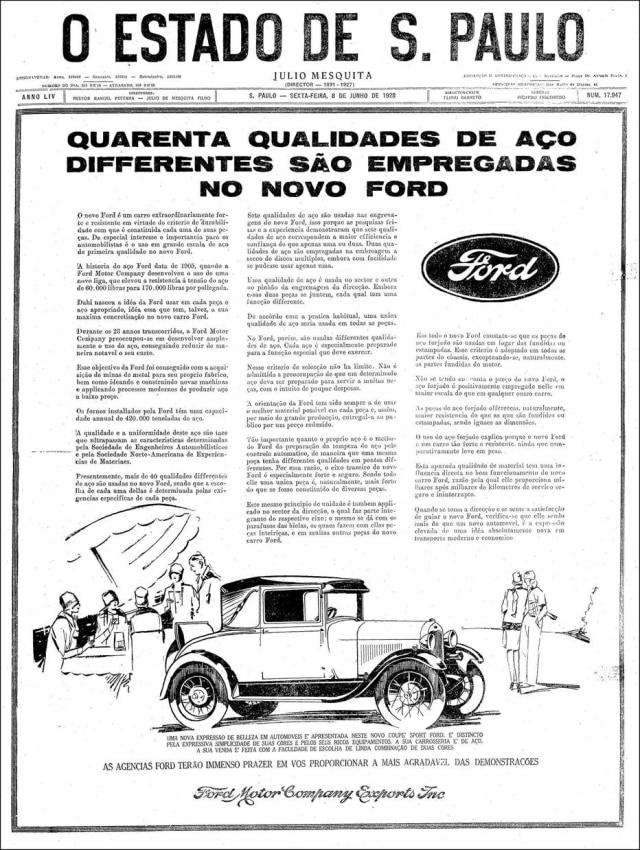 Acervo/Estadão Anúncio do Ford Model A Sports Coupe, publicado no Estadão de 08/6/1918