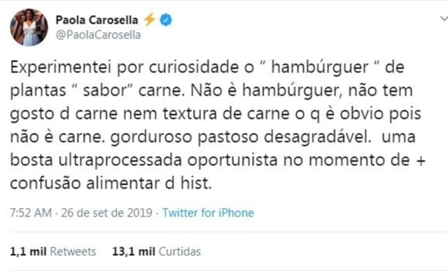 Twitter/PaolaCarosella Tweet de Paola Carosella sobre o hambúrguer vegetal.