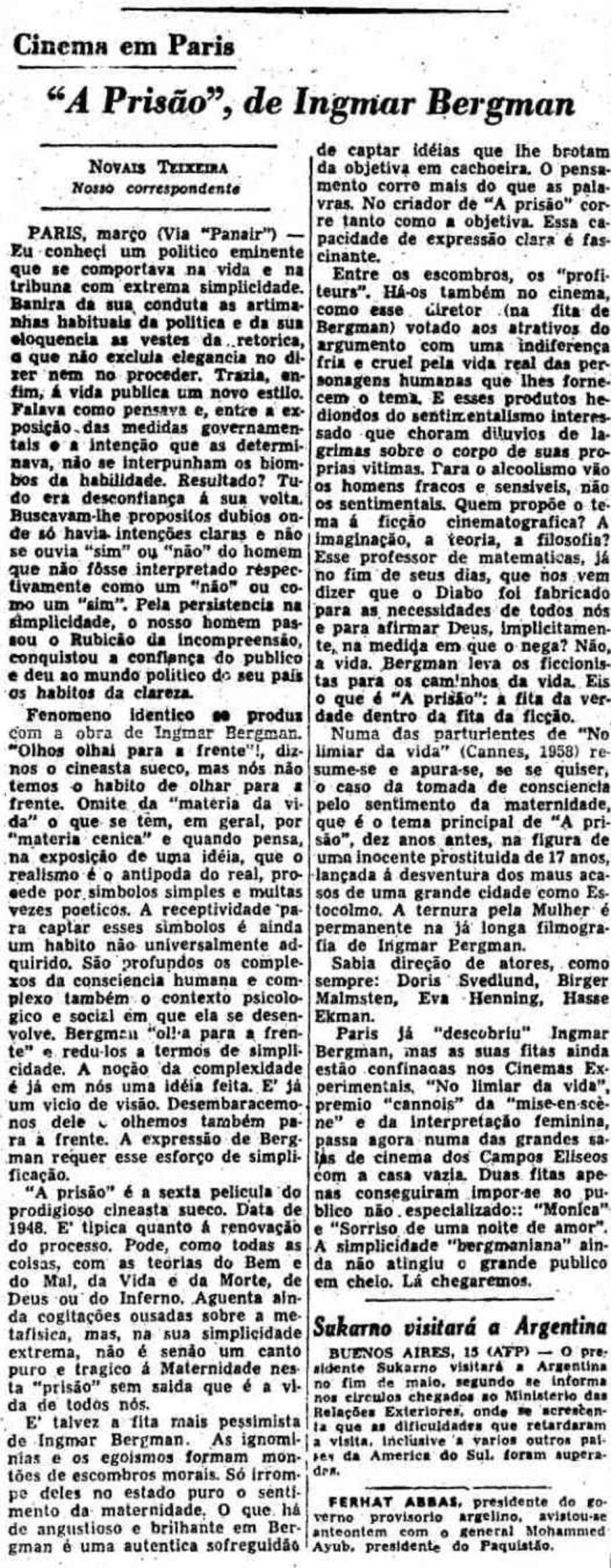 Acervo Estadão Texto de 16/4/1958 sobre o filme 'A 'Prisão', de Ingmar Bergman.