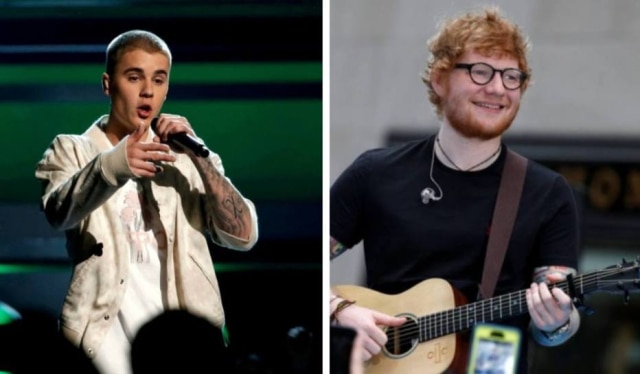 REUTERS/Mario Anzuoni/Brendan McDermid Os cantores Justin Bieber e Ed Sheeran.